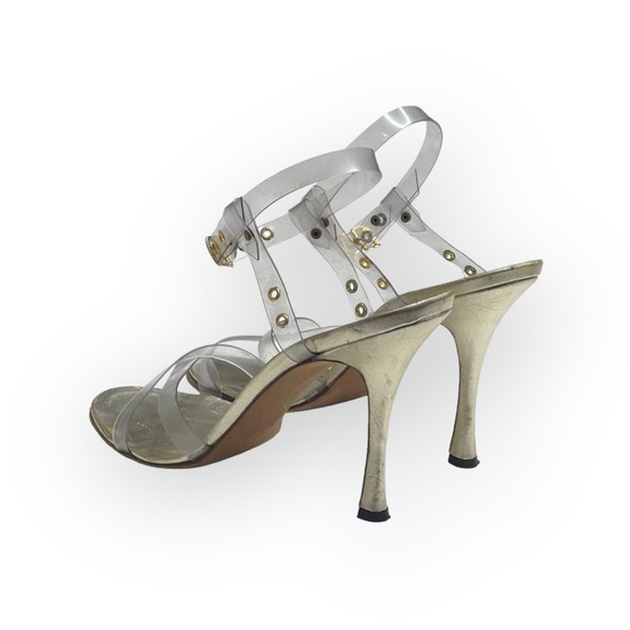 Manolo Blahnik 𖦹 Clear PVC Vinyl Ankle Strap Stiletto Heels Sandals 𖦹 Gold 𖦹 - Picture 4 of 16